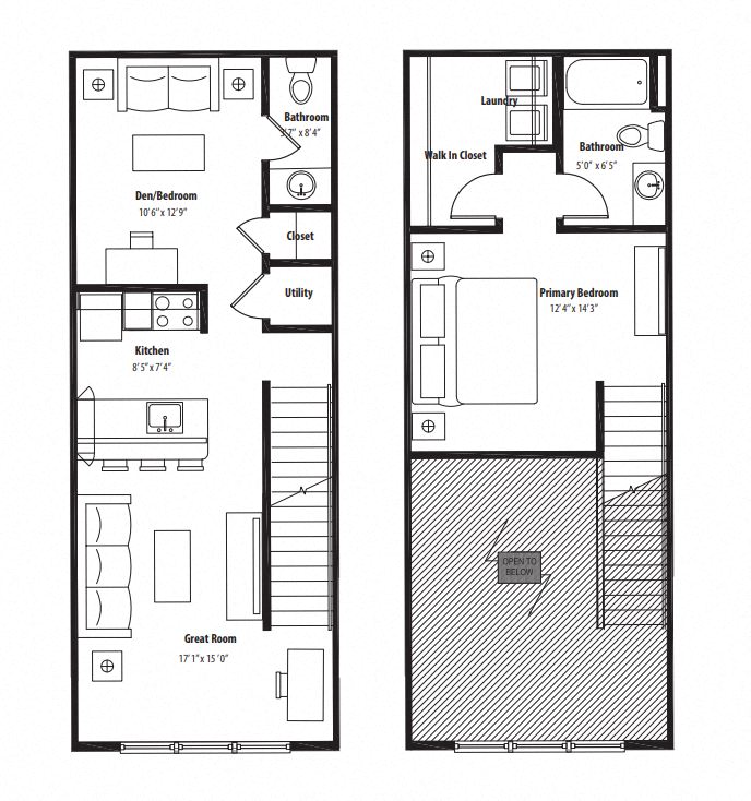 Floor plan for studio, 1.5 baths, 872 sqft